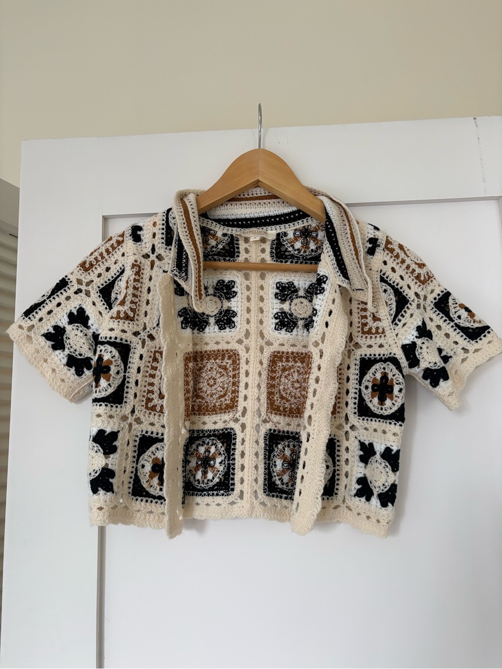 Rebellion Crochet Open-Front Cardigan in Cream, Black & Brown